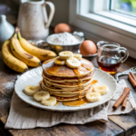 Stack of fluffy banana pancakes topped with sliced bananas and maple syrup on a rustic kitchen table.