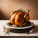 A golden roasted whole chicken garnished with fresh rosemary and garlic cloves.