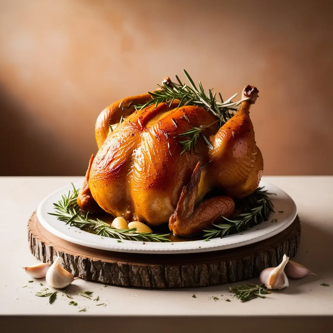 A golden roasted whole chicken garnished with fresh rosemary and garlic cloves.