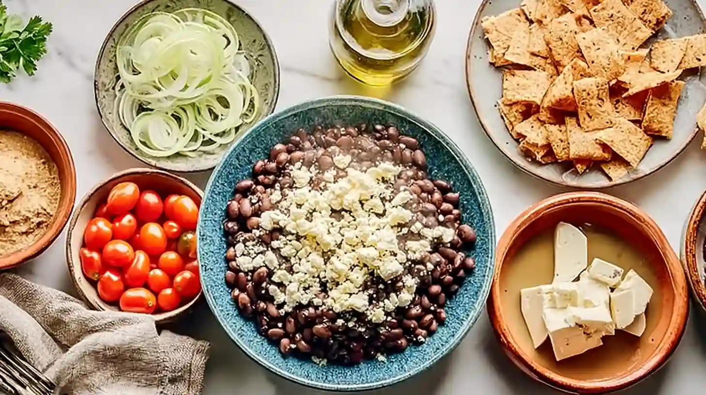 Fresh Ingredients for a High-Protein Mexican Skillet A top view of fresh ingredients in bowls and plates, including black beans with cheese, cherry tomatoes, sliced onions, feta, olive oil, and tortilla chips, arranged on a white surface.