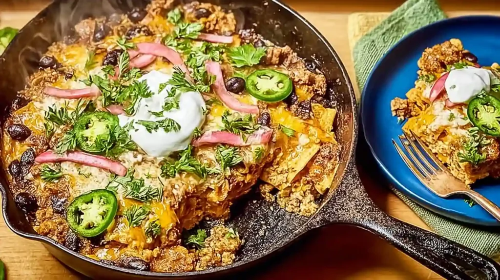 A cast-iron skillet filled with a cheesy high-protein Mexican casserole topped with jalapeño slices, pickled onions, fresh herbs, and a dollop of Greek yogurt.