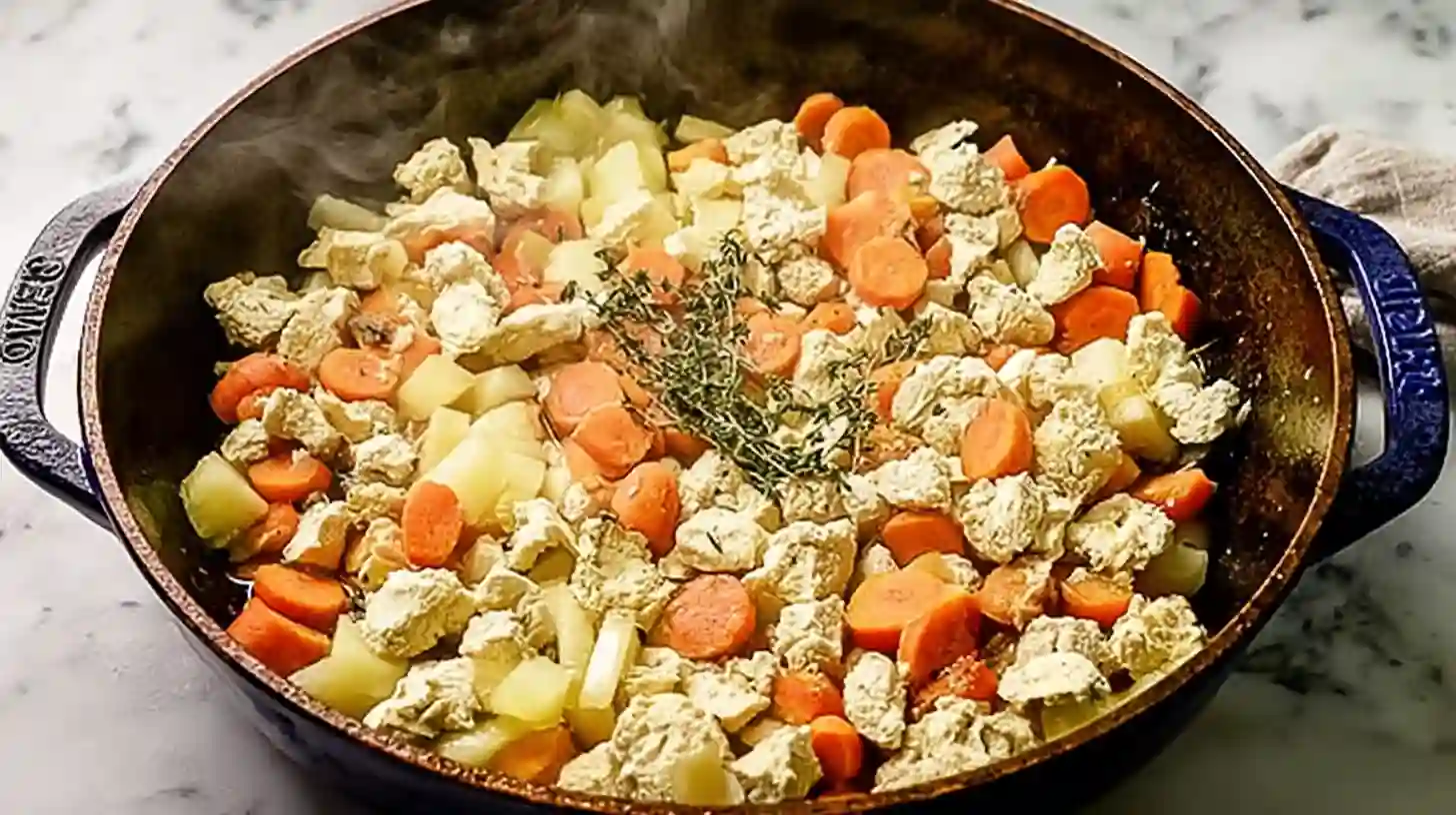 Hearty Chicken and Vegetable Skillet A steaming skillet filled with diced chicken, carrots, potatoes, and fresh thyme cooking together on a marble countertop.