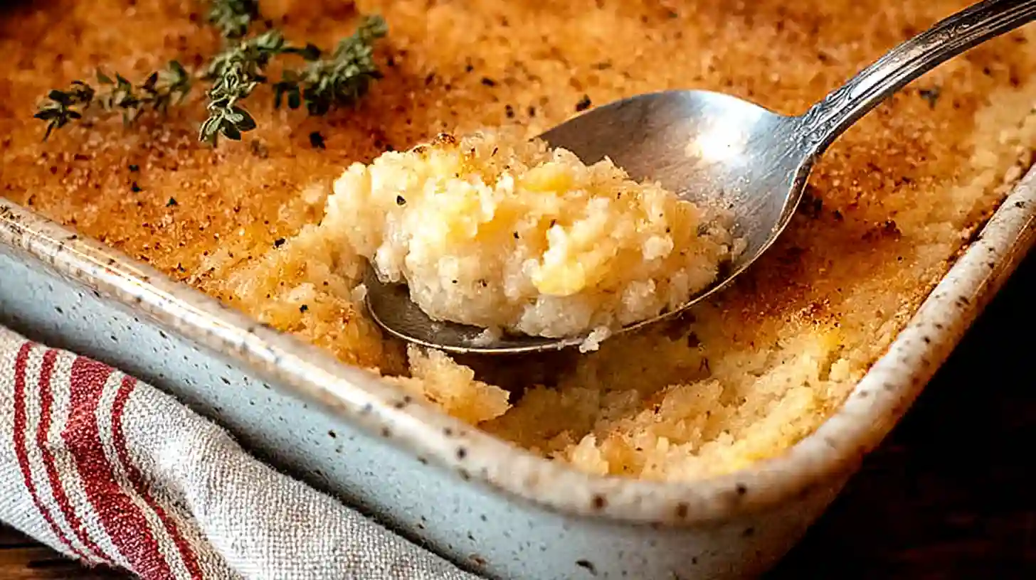 Baked Corn Casserole Recipe 3 A spoon scooping creamy baked corn casserole from a golden, crispy topped dish.