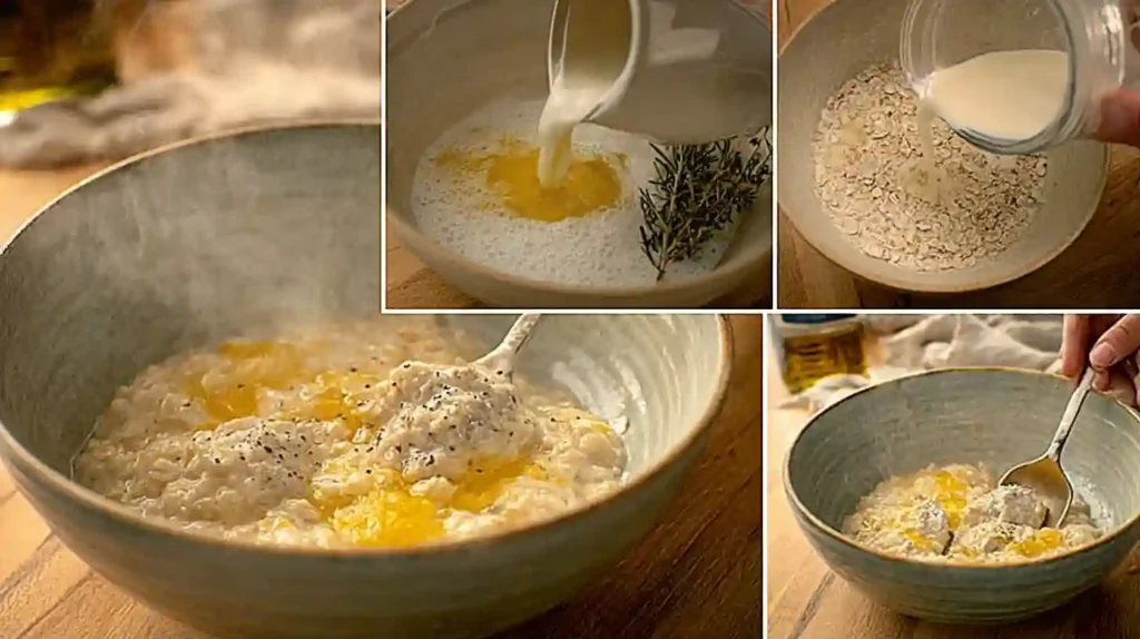 Baked Corn Casserole Recipe 2 Step-by-step preparation of creamy oatmeal with milk, herbs, and butter served warm in a bowl.