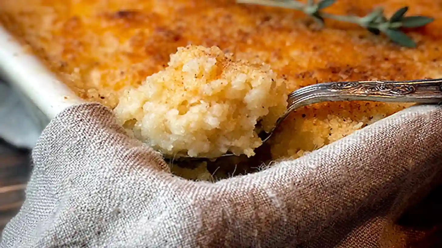 Creamy Baked Mashed Potato Casserole A close-up of a serving spoon scooping out a portion of baked mashed potatoes or a similar creamy, cheesy casserole dish from a golden-brown baked dish, with a textured cloth wrapped around the dish edge.