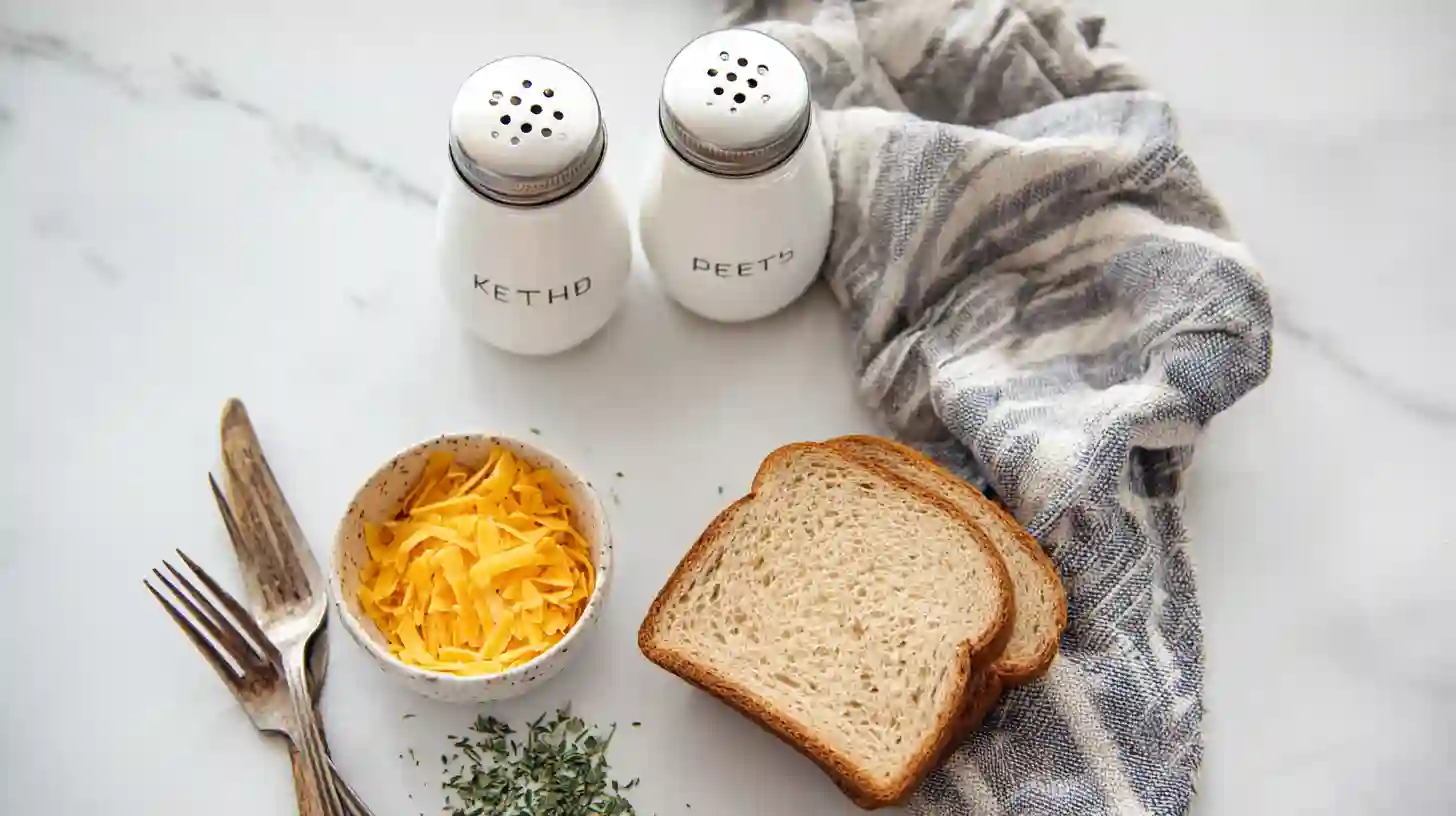 Ingredients for a simple sandwich including shredded cheese, two slices of bread, salt and pepper shakers, and herbs on a marble surface.