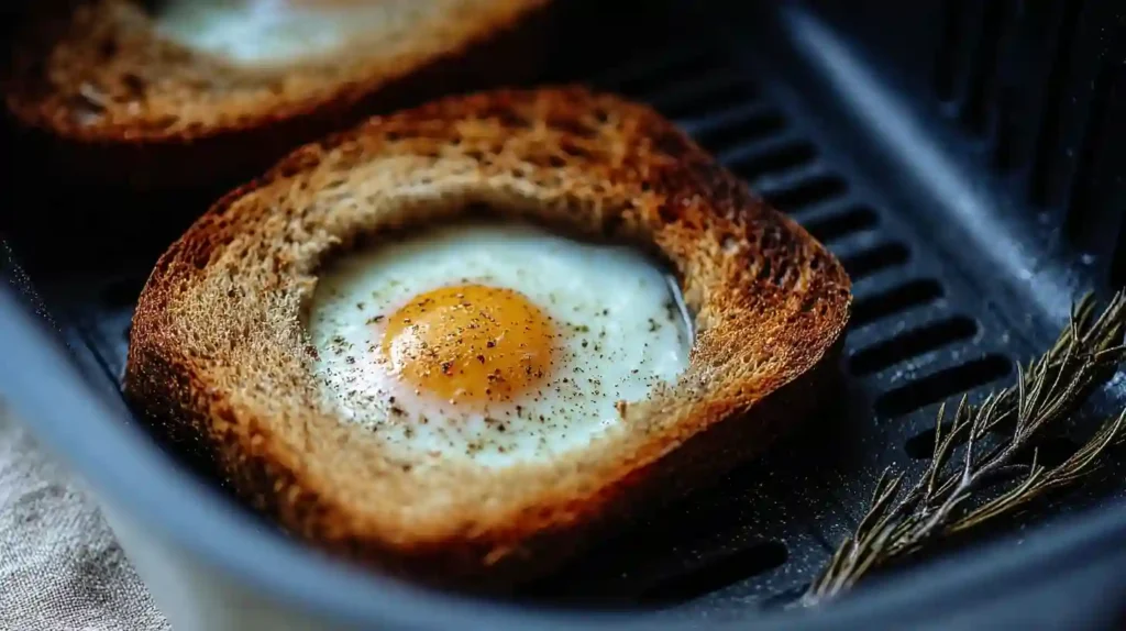 Toasted bread with a cooked egg in the center, seasoned with black pepper, inside an air fryer basket.
