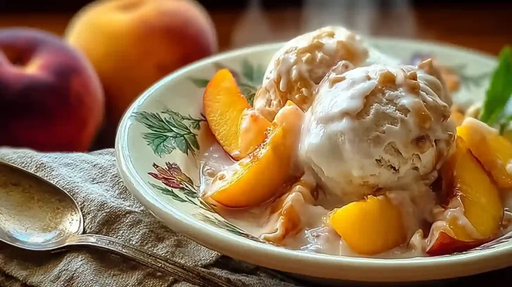 Peach dessert topped with creamy vanilla ice cream and caramel drizzle in a floral bowl.