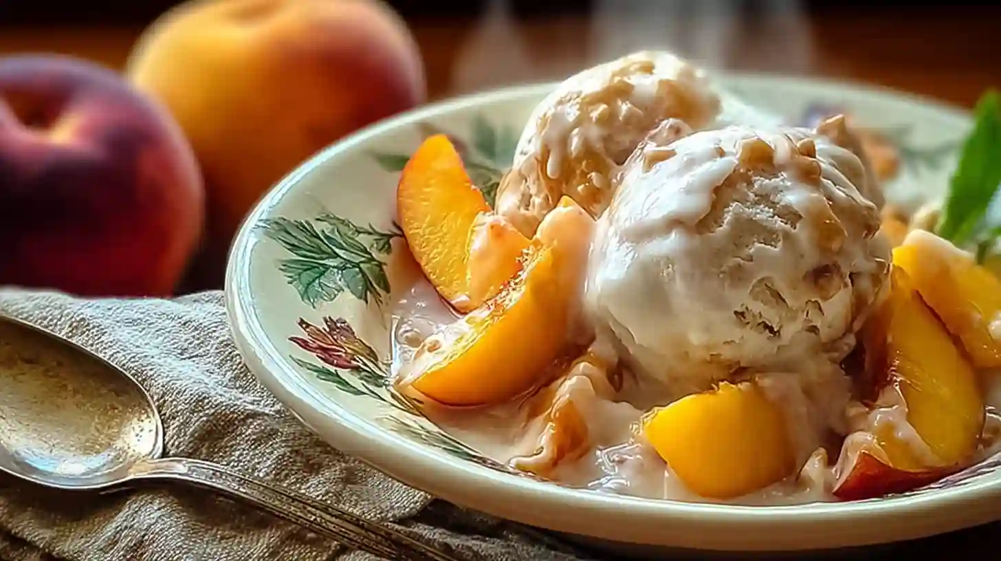 Peach dessert topped with creamy vanilla ice cream and caramel drizzle in a floral bowl.