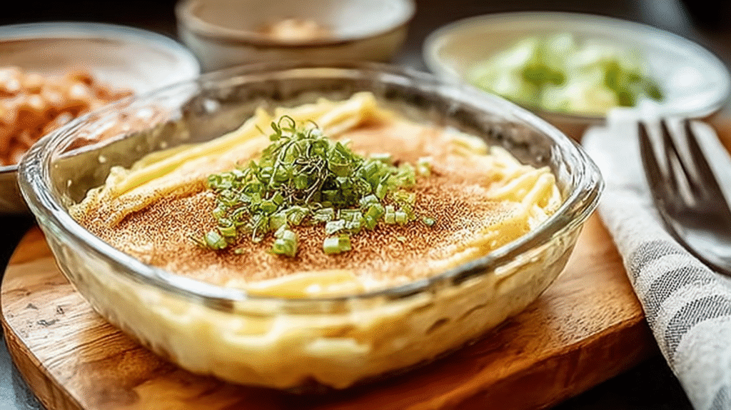 Gratin crémeux de pâtes au fromage garni de ciboulette fraîche dans un plat en verre.