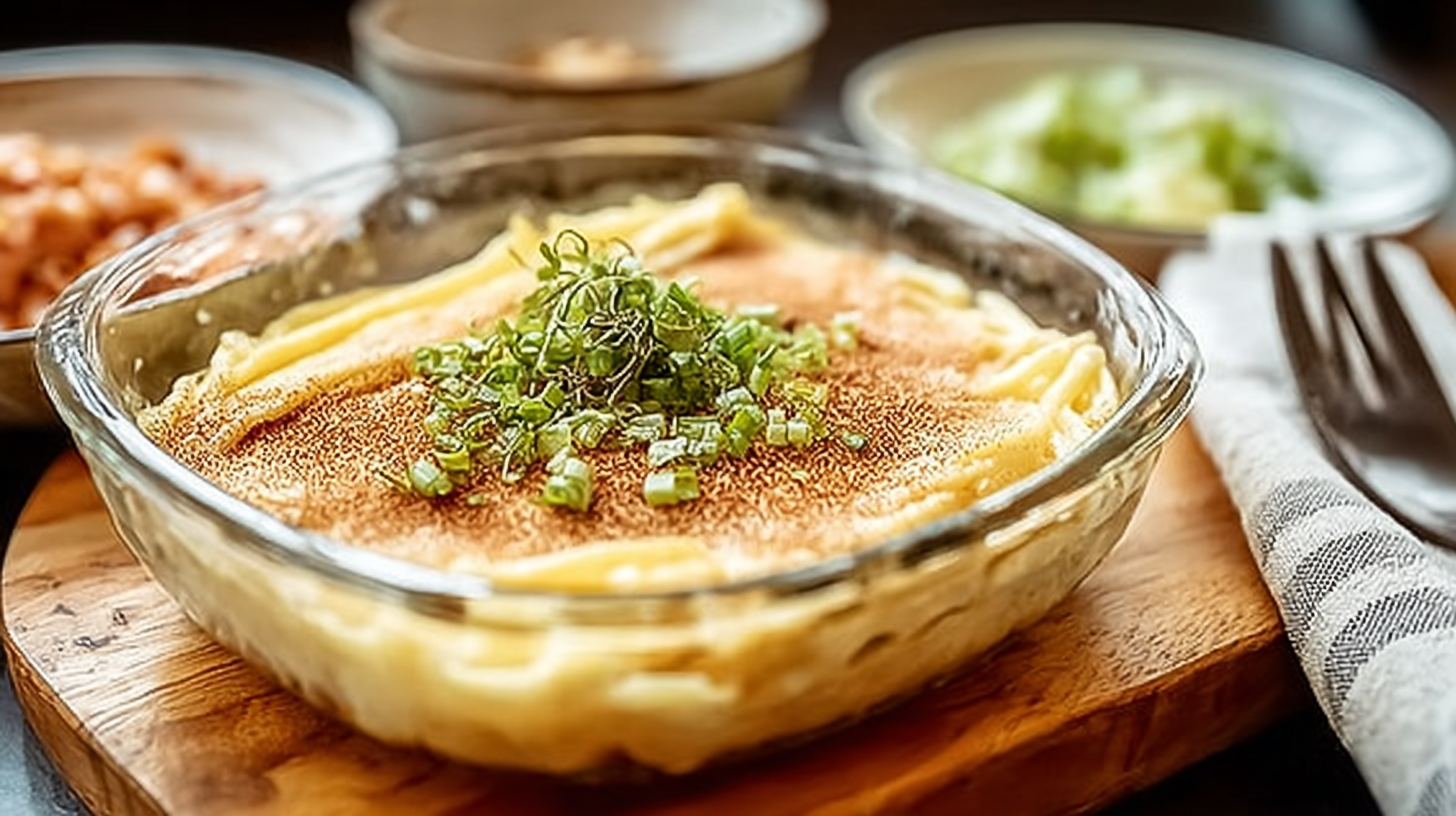 Traditional Greek Desserts recipe 1 Gratin crémeux de pâtes au fromage garni de ciboulette fraîche dans un plat en verre.