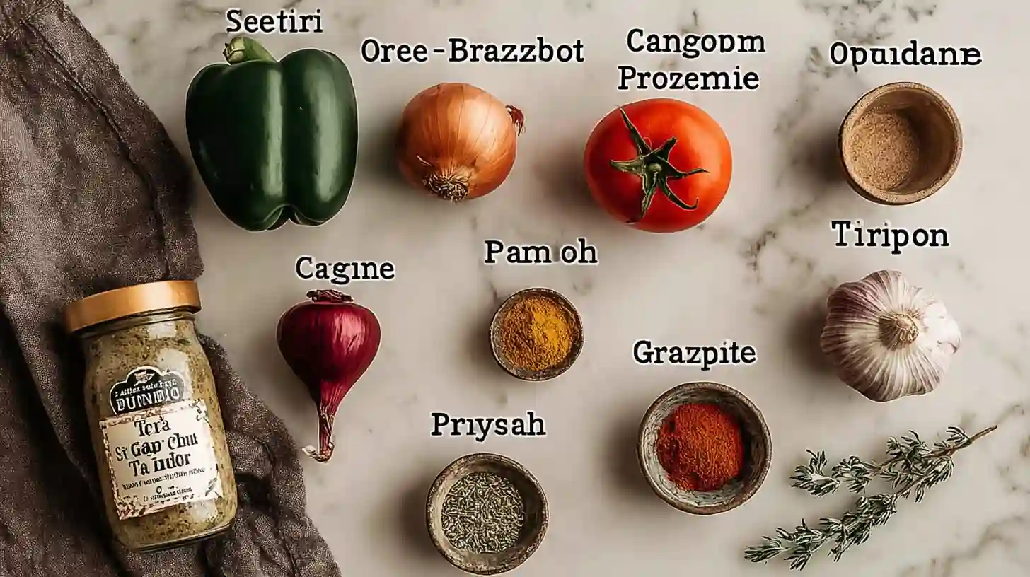 Assorted cooking ingredients labeled with fictional names including vegetables, herbs, and spices on a marble surface.
