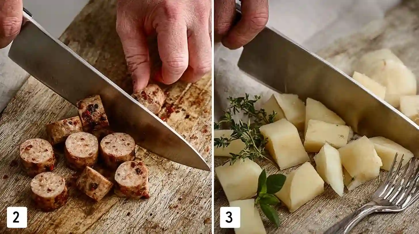 Hands cutting sausage and potatoes on a wooden cutting board during meal preparation.