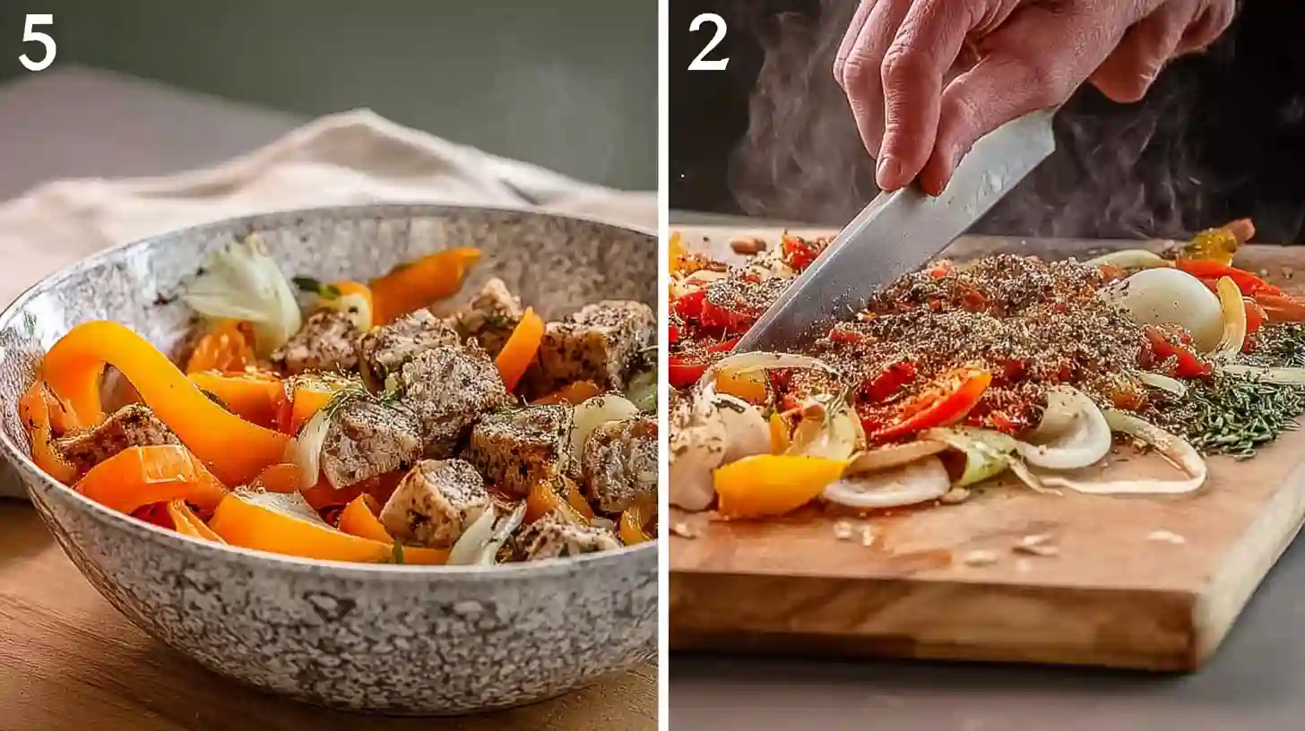 Hands chopping seasoned vegetables and herbs on a cutting board, and a bowl filled with cooked sausage and bell peppers.