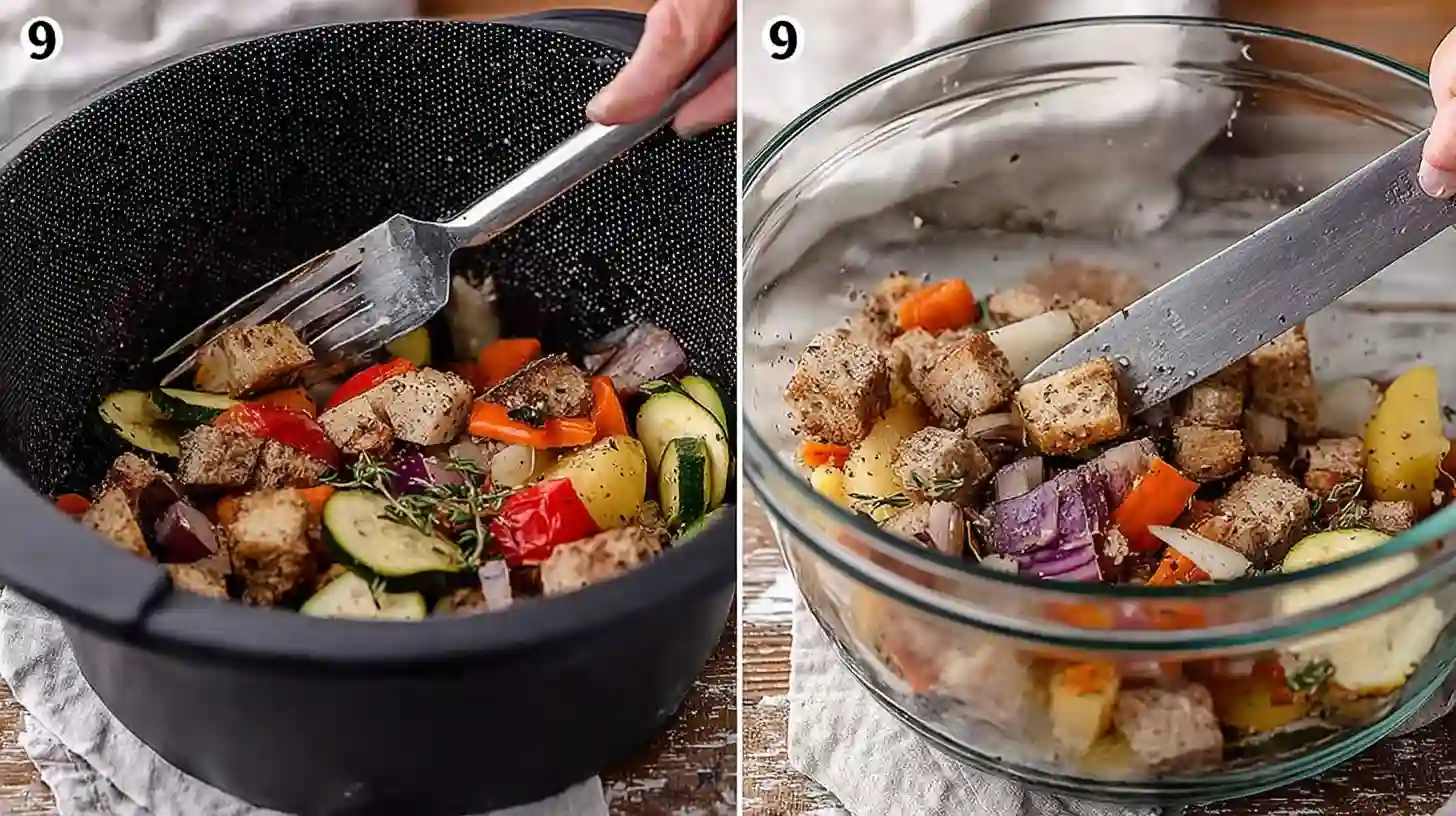 Cooked sausage and mixed vegetables being stirred in an air fryer basket and then transferred to a glass bowl.