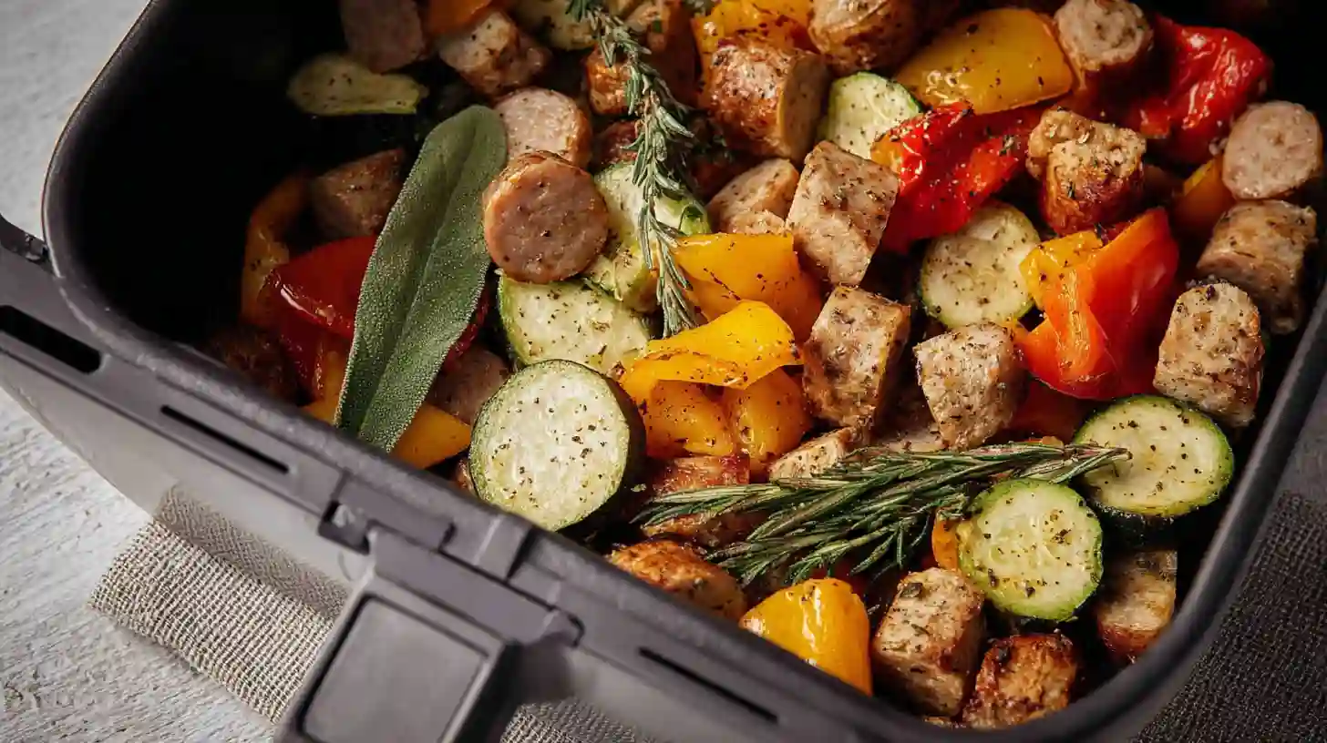 Close-up of cooked chicken sausage slices, zucchini, and bell peppers with fresh herbs inside an air fryer basket.