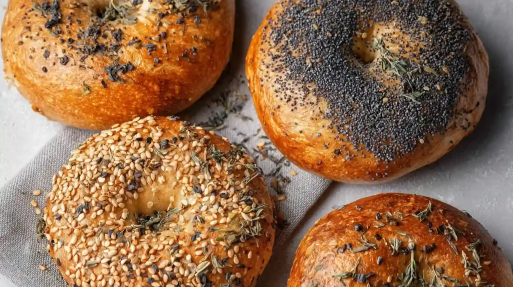 Four golden brown cottage cheese protein bagels topped with poppy seeds, sesame seeds, and dried herbs, resting on a light gray cloth.