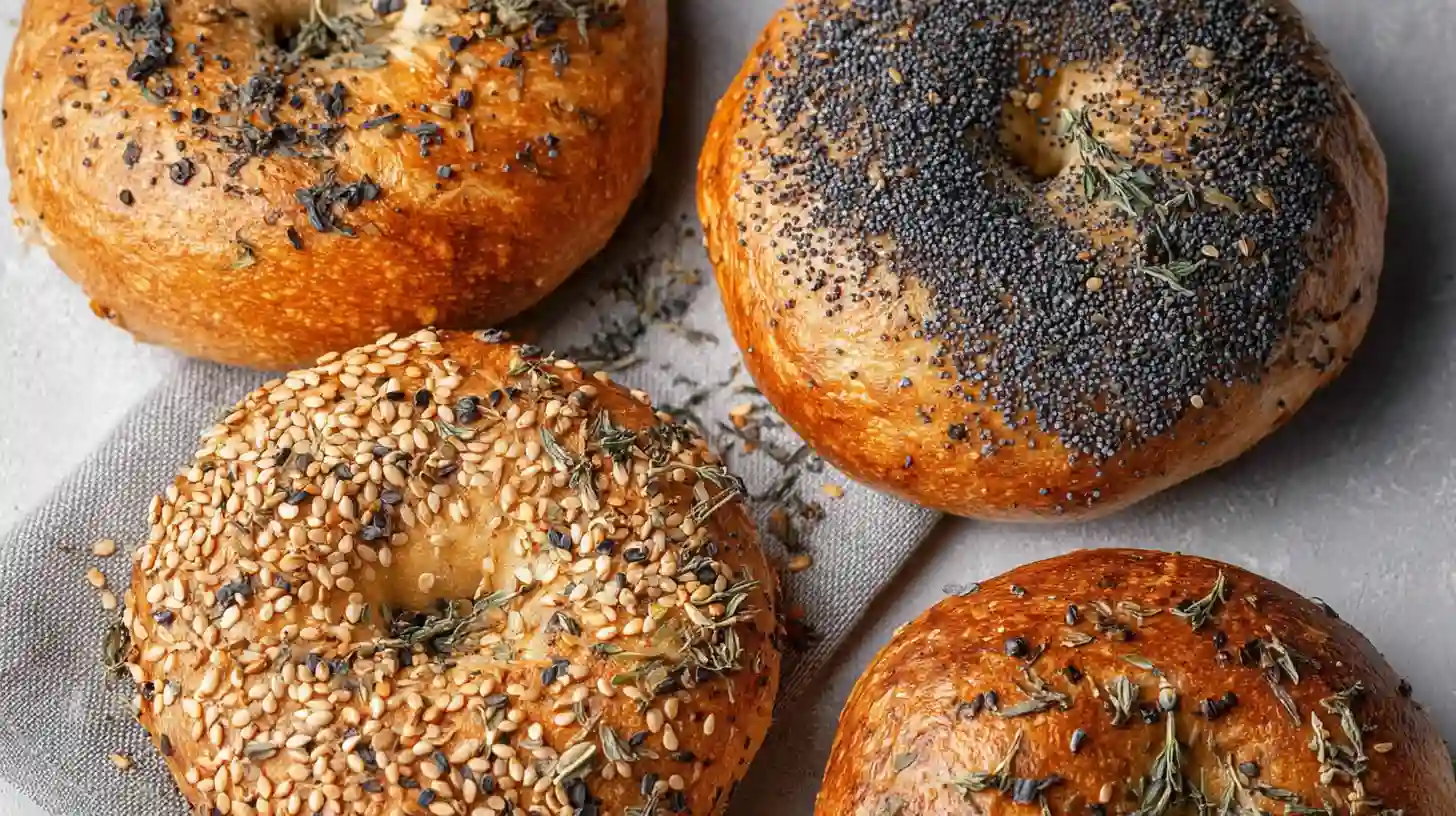 Cottage Cheese Protein Bagels with Assorted Toppings Four golden brown cottage cheese protein bagels topped with poppy seeds, sesame seeds, and dried herbs, resting on a light gray cloth.