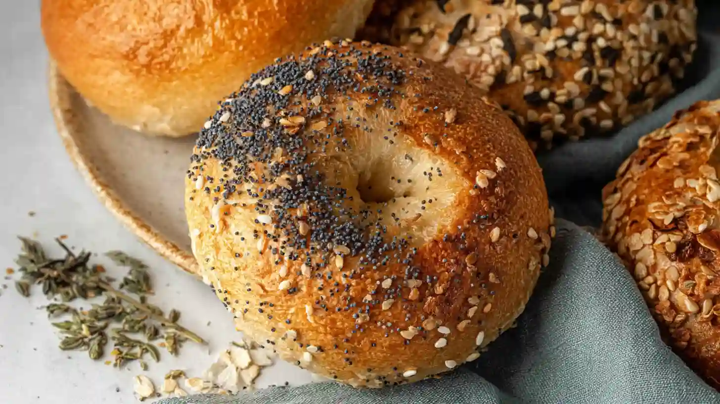 Golden Cottage Cheese Protein Bagel with Seeds Close-up of a golden brown cottage cheese protein bagel topped with poppy and sesame seeds on a plate beside dried herbs.
