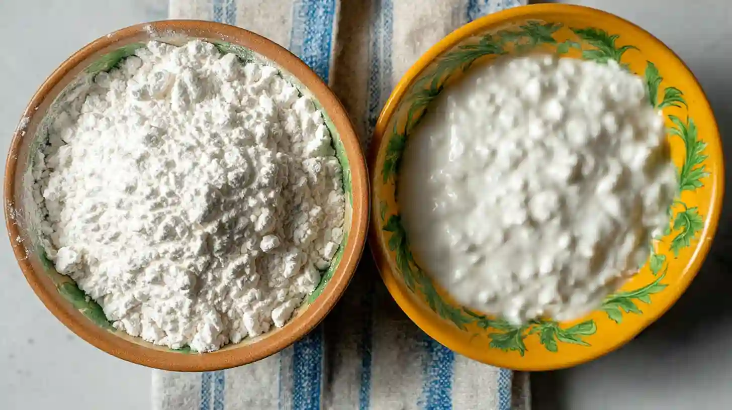 Fécule de maïs et cottage cheese côte à côte Deux bols contenant de la fécule de maïs et du cottage cheese posés sur un torchon rayé.