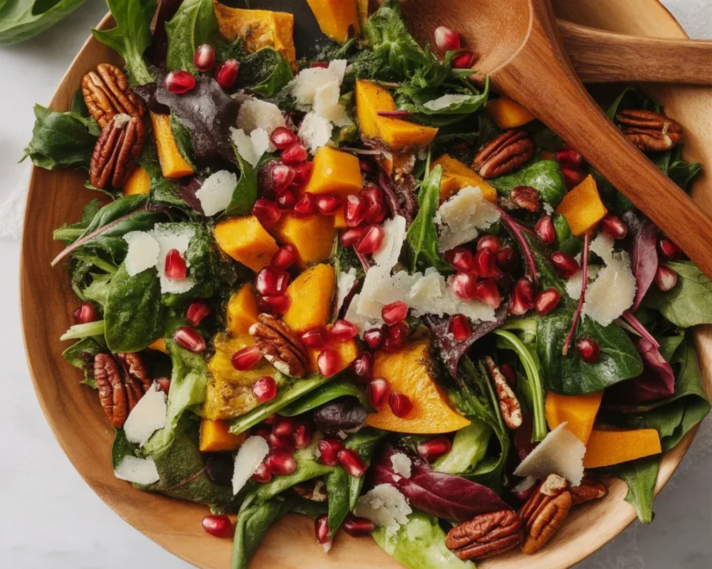 A vibrant winter salad with kale, citrus, and roasted vegetables topped with a homemade vinaigrette.