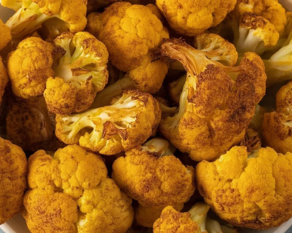 Crispy air fried cauliflower florets with seasonings in a bowl ready to serve.