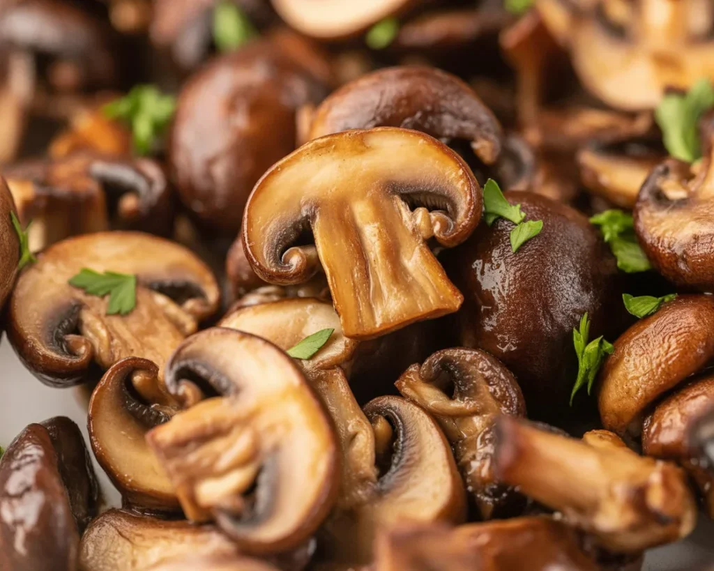 Juicy and crispy air fried mushrooms seasoned with garlic and parsley.