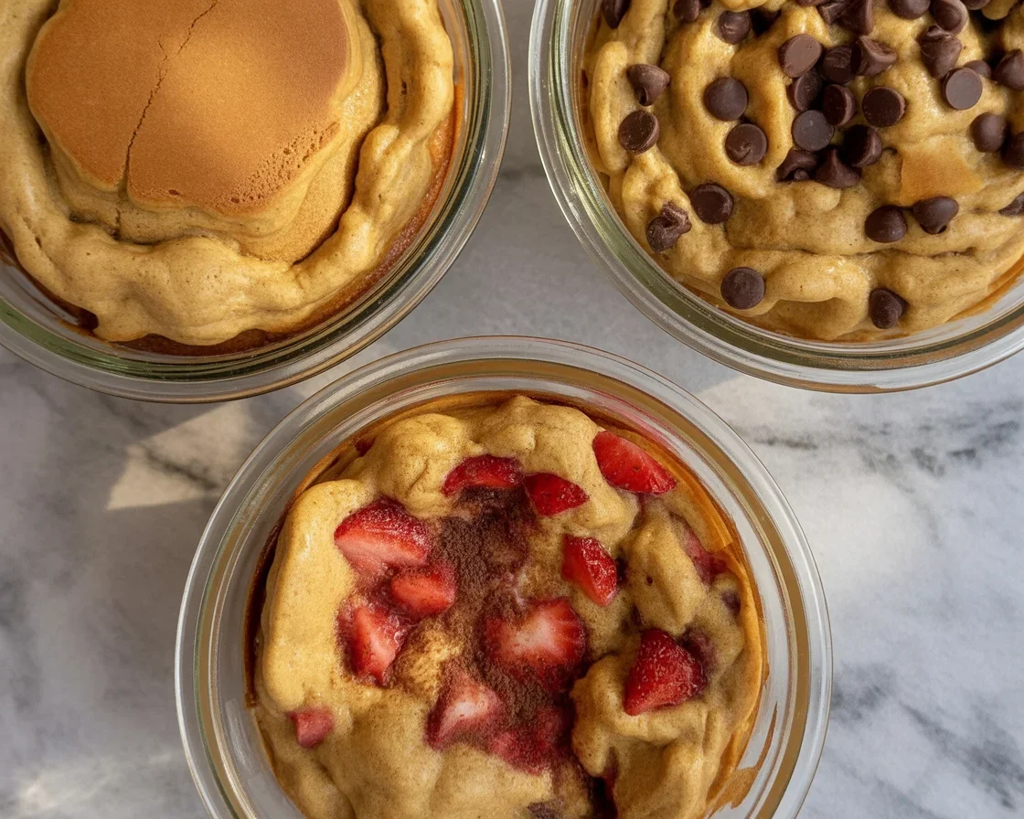 Delicious baked protein pancake bowls topped with fresh berries in a baking dish.