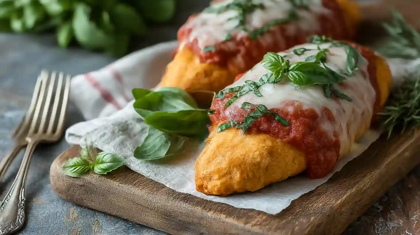 Crispy Healthy Chicken Parmesan Air Fryer Magic in Minutes! 1 Crispy chicken breasts topped with melted mozzarella, marinara sauce, and fresh basil leaves.