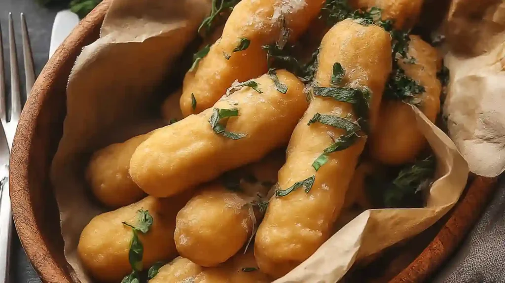 Golden fried dough sticks served in a rustic wooden bowl, topped with fresh herbs and grated cheese.
