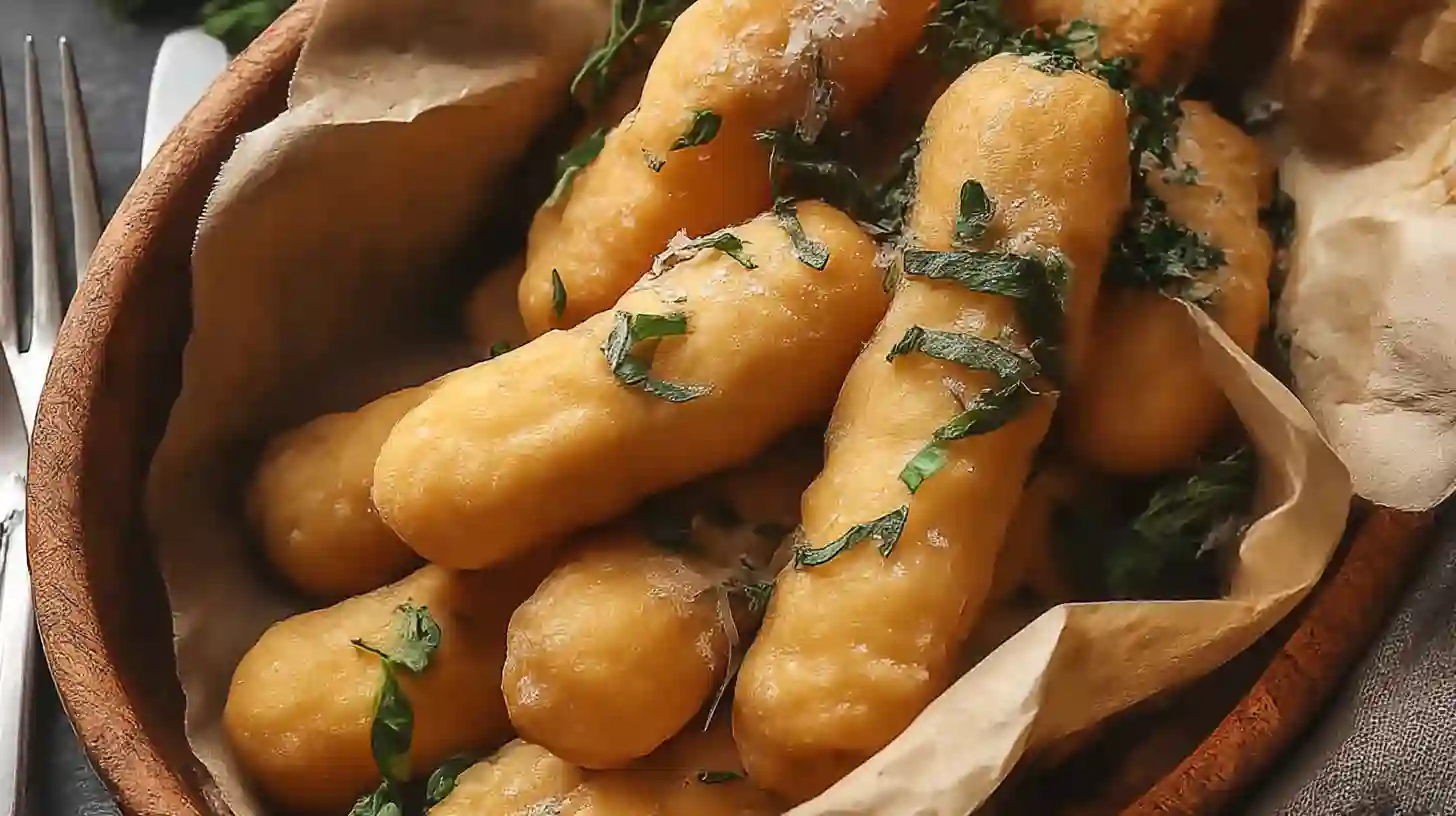 Golden fried dough sticks served in a rustic wooden bowl, topped with fresh herbs and grated cheese.