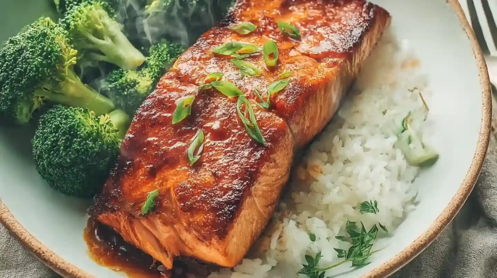 Glazed salmon fillet served with steamed broccoli and white rice.