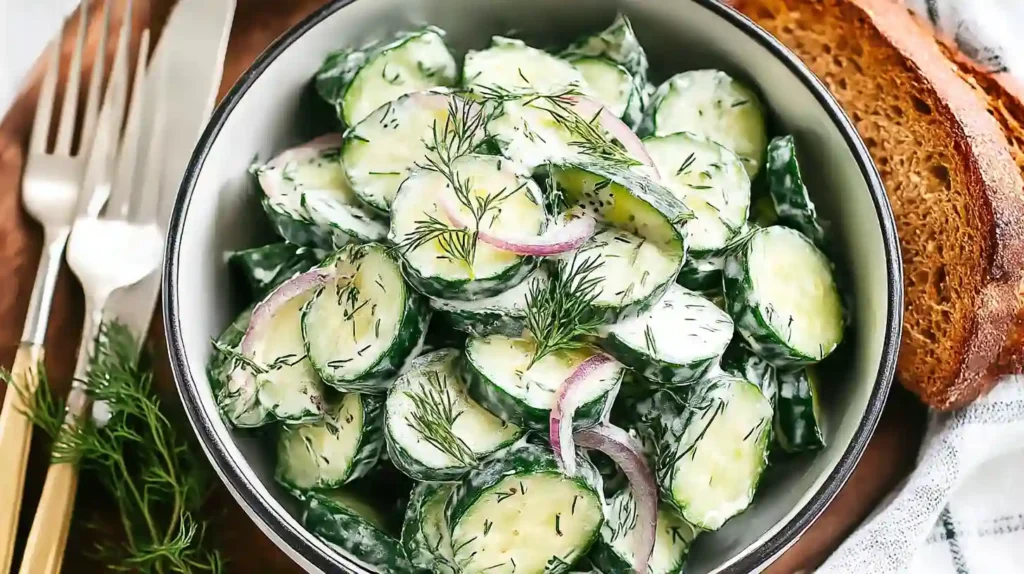 Creamy cucumber salad with sliced cucumbers, dill, and red onions in a bowl.