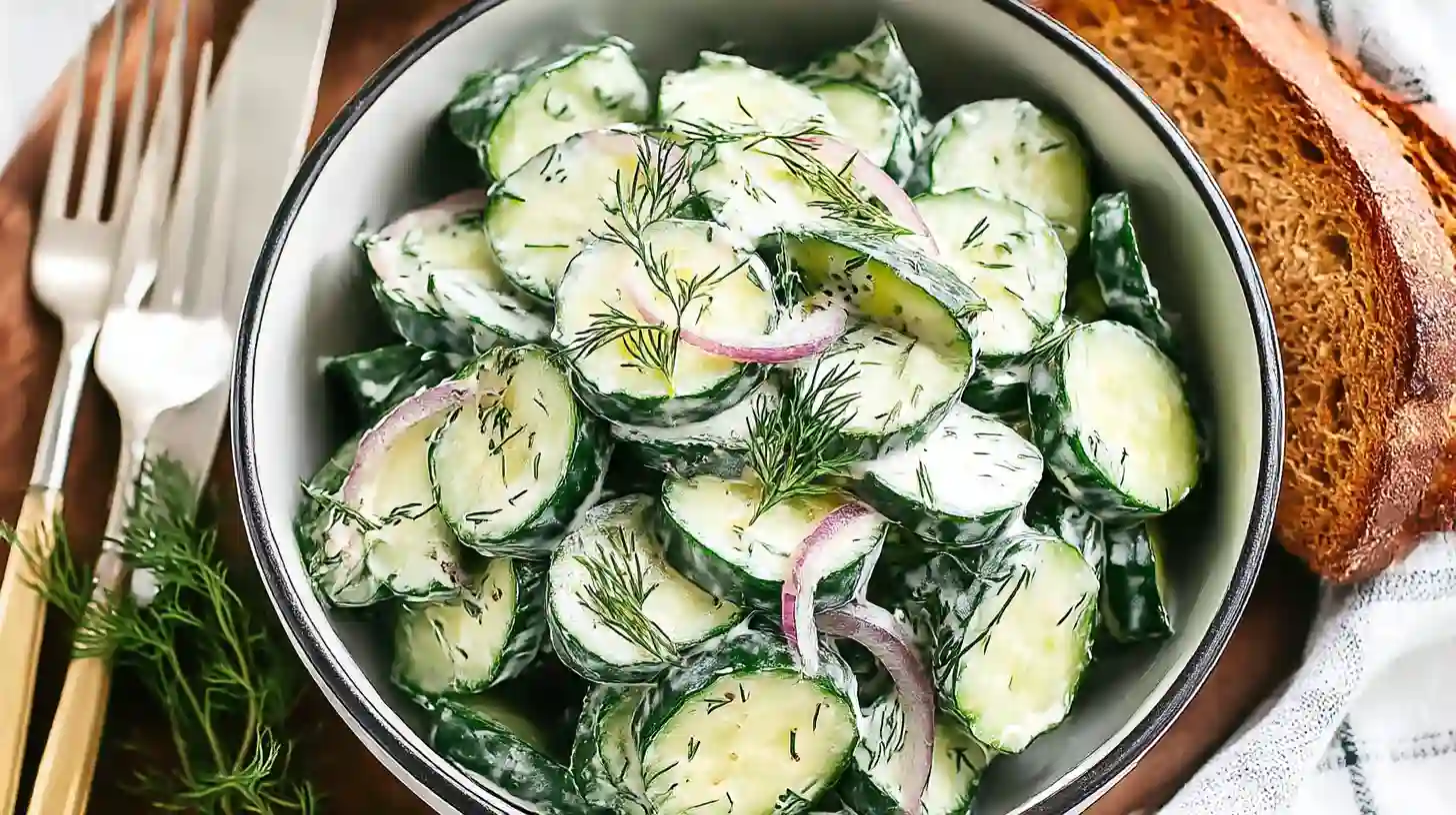 Fresh and Tasty Cucumber Salad Healthy for Every Occasion! 1 Creamy cucumber salad with sliced cucumbers, dill, and red onions in a bowl.