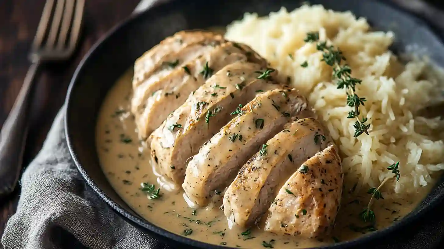 Easy Crockpot Chicken and Gravy for Cozy Family Nights 1 Slices of tender chicken breast served with creamy gravy and rice.