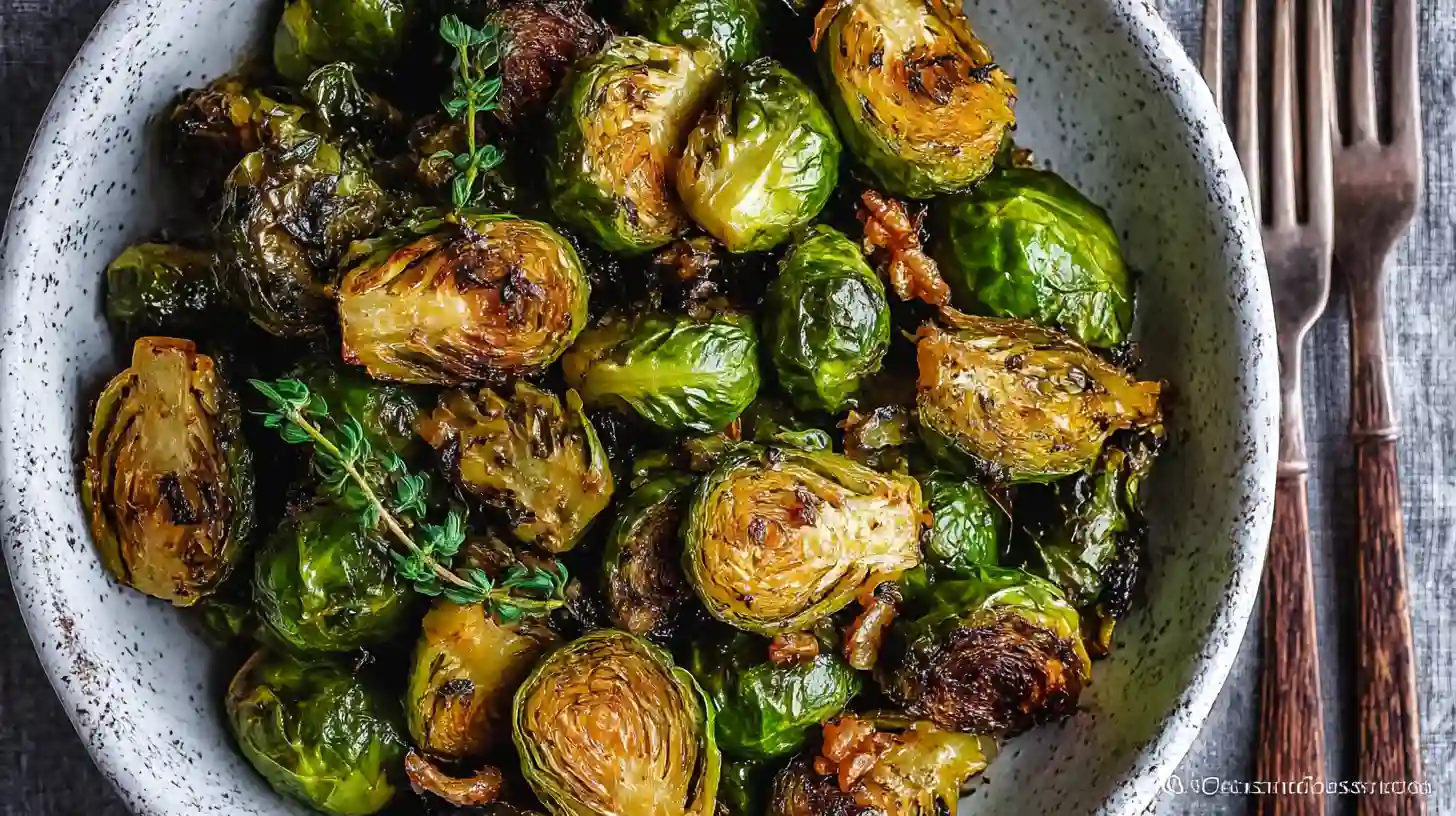 Crispy roasted Brussels sprouts with golden edges served in a bowl with fresh herbs.
