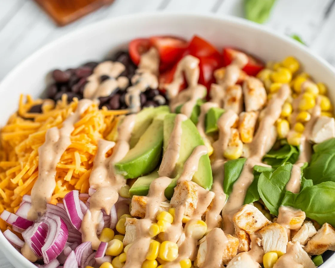 High Protein Southwest Chicken Salad 1 High Protein Southwest Chicken Salad with grilled chicken, black beans, and fresh veggies.