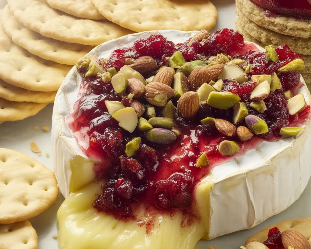 Baked Cranberry Brie Bites topped with cranberry sauce, perfect holiday appetizer.