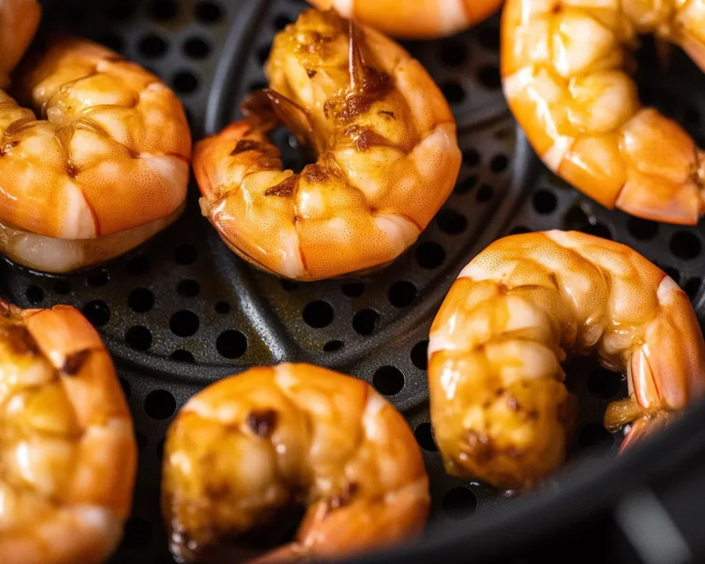 Delicious air fryer shrimp served with lemon wedge, ready in just 6 minutes.
