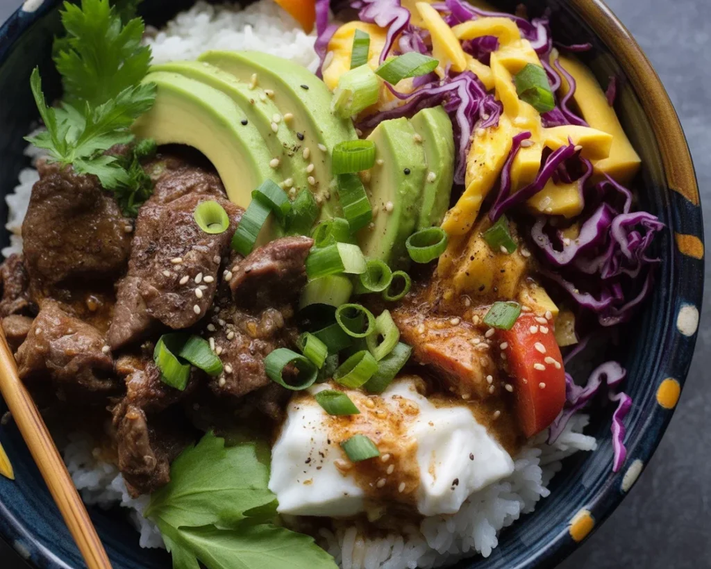 Korean BBQ Steak Rice Bowls with marinated beef and colorful vegetables atop rice.