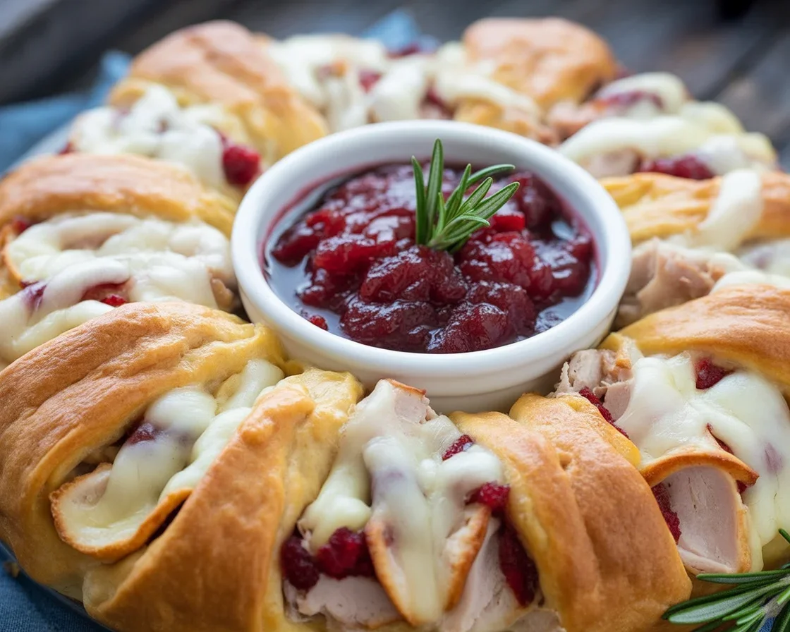 Savory turkey and cranberry crescent ring on a festive platter