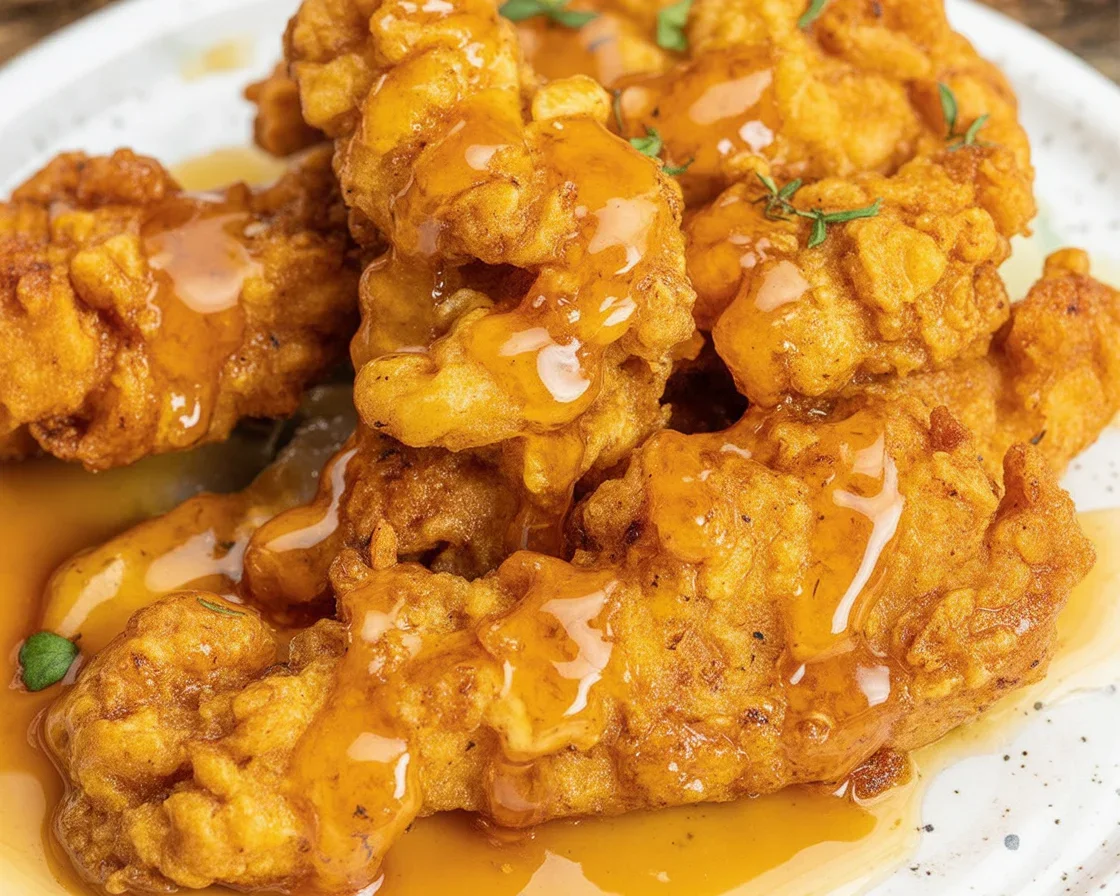 Crispy Air Fryer Honey Butter Garlic Chicken Tenders Recipe! 1 Crispy Air Fryer Honey Butter Garlic Chicken Tenders served on a plate.