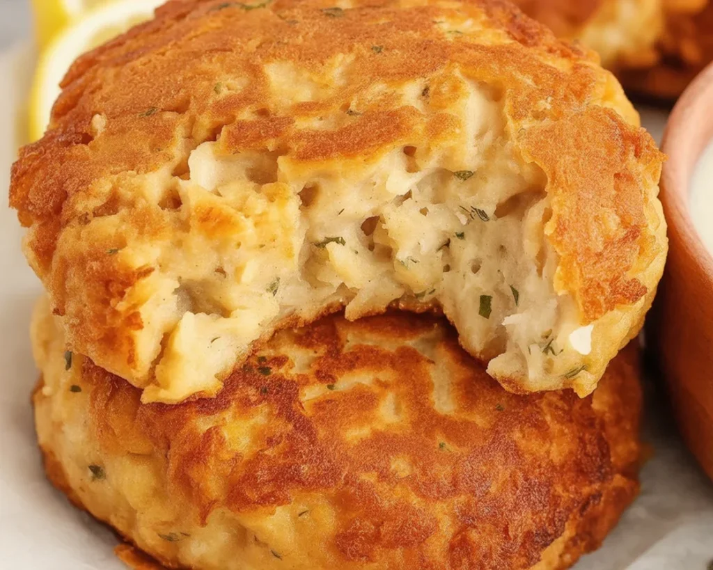 Golden crispy Air Fryer Salmon Patties ready to serve.