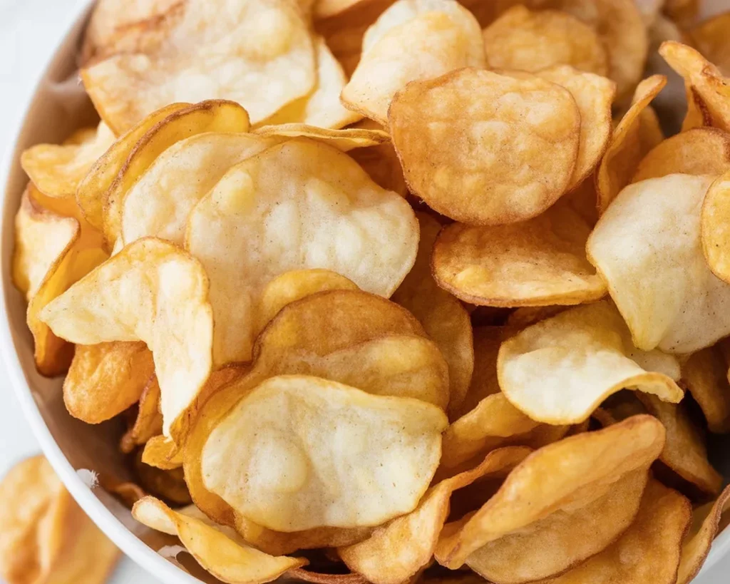 Crispy air fryer healthy potato chips served in a bowl ready for snacking.