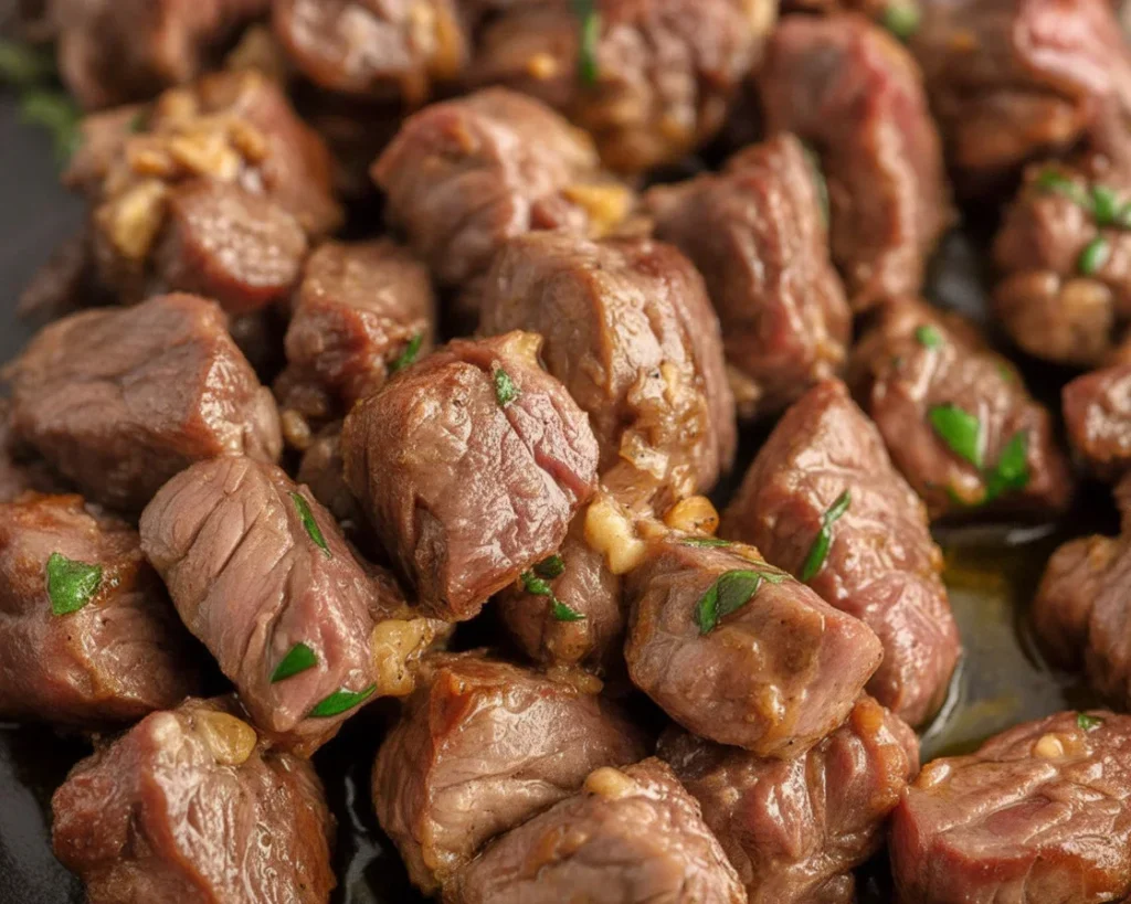Delicious air fryer garlic butter steak bites served in a bowl, garnished with herbs.