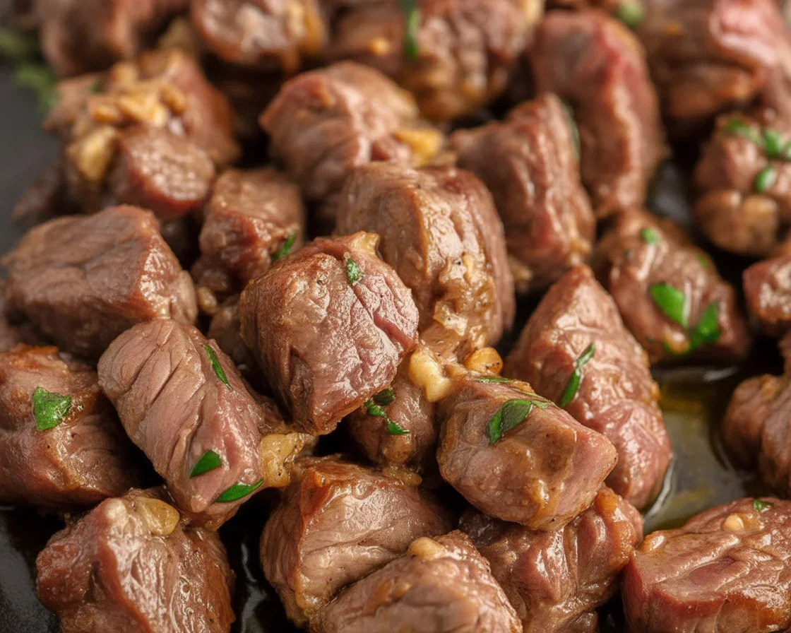 Air Fryer Garlic Butter Steak Bites Recipe 1 Delicious air fryer garlic butter steak bites served in a bowl, garnished with herbs.