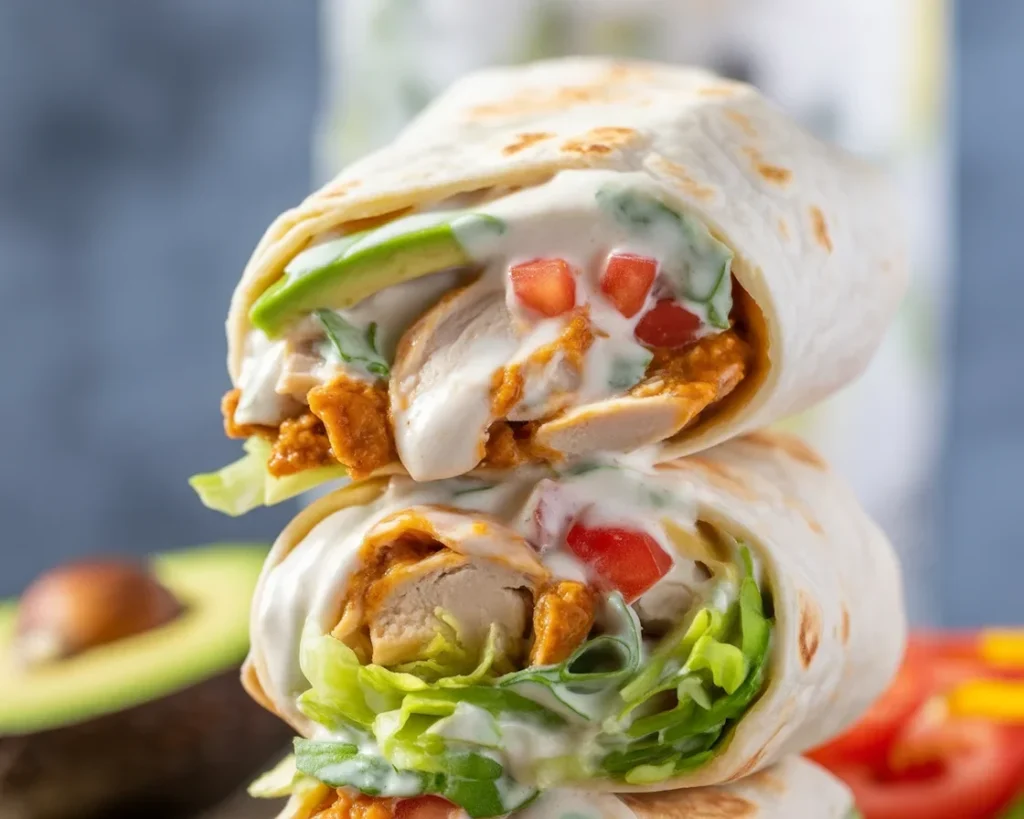 Delicious Chicken Avocado Ranch Burritos wrapped in tortillas with fresh ingredients.