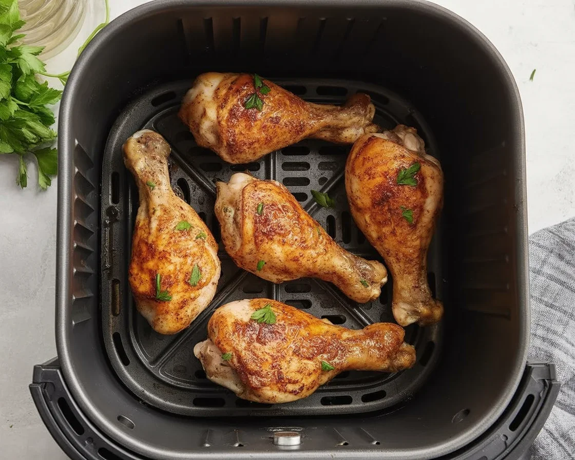 Crispy and juicy Air Fryer Chicken Legs served on a plate with herbs.