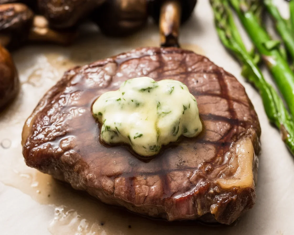 Perfectly cooked Air Fryer Filet Mignon with garlic butter, served on a plate.