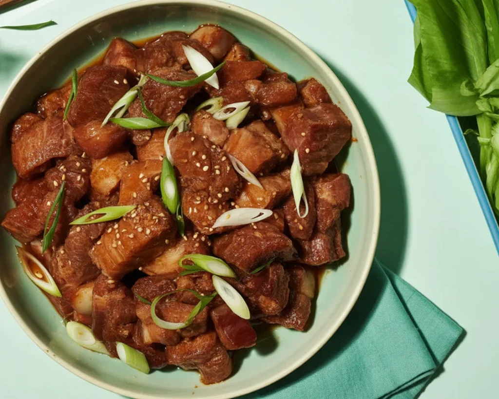 Deliciously grilled Korean pork belly served with kimchi and dipping sauce.